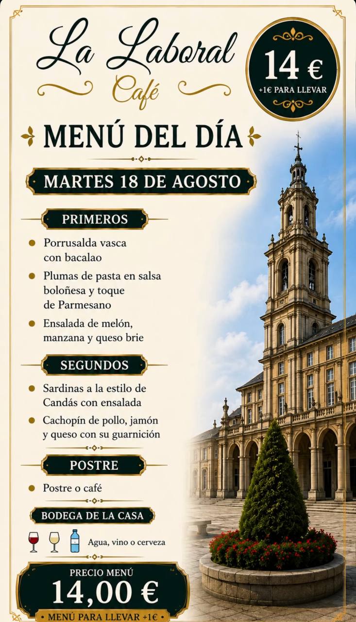 Pizarra con el menú del día de hoy en La Laboral Café, Gijón