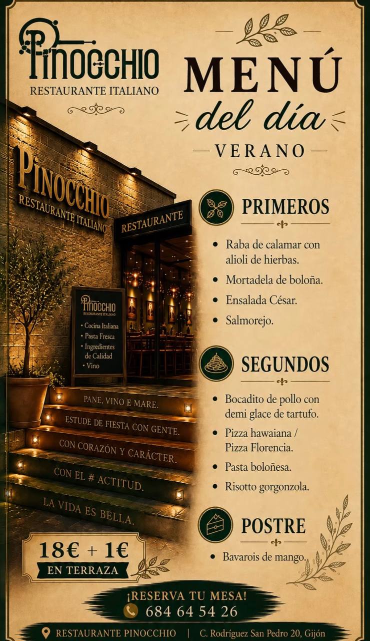 Pizarra con el menú del día de hoy en Restaurante Pinocchio, Gijón